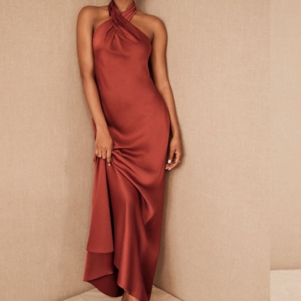 BHLDN Anthropologie Ruby Satin Charmeuse Maxi High Neck Halter Open Back Dress 2